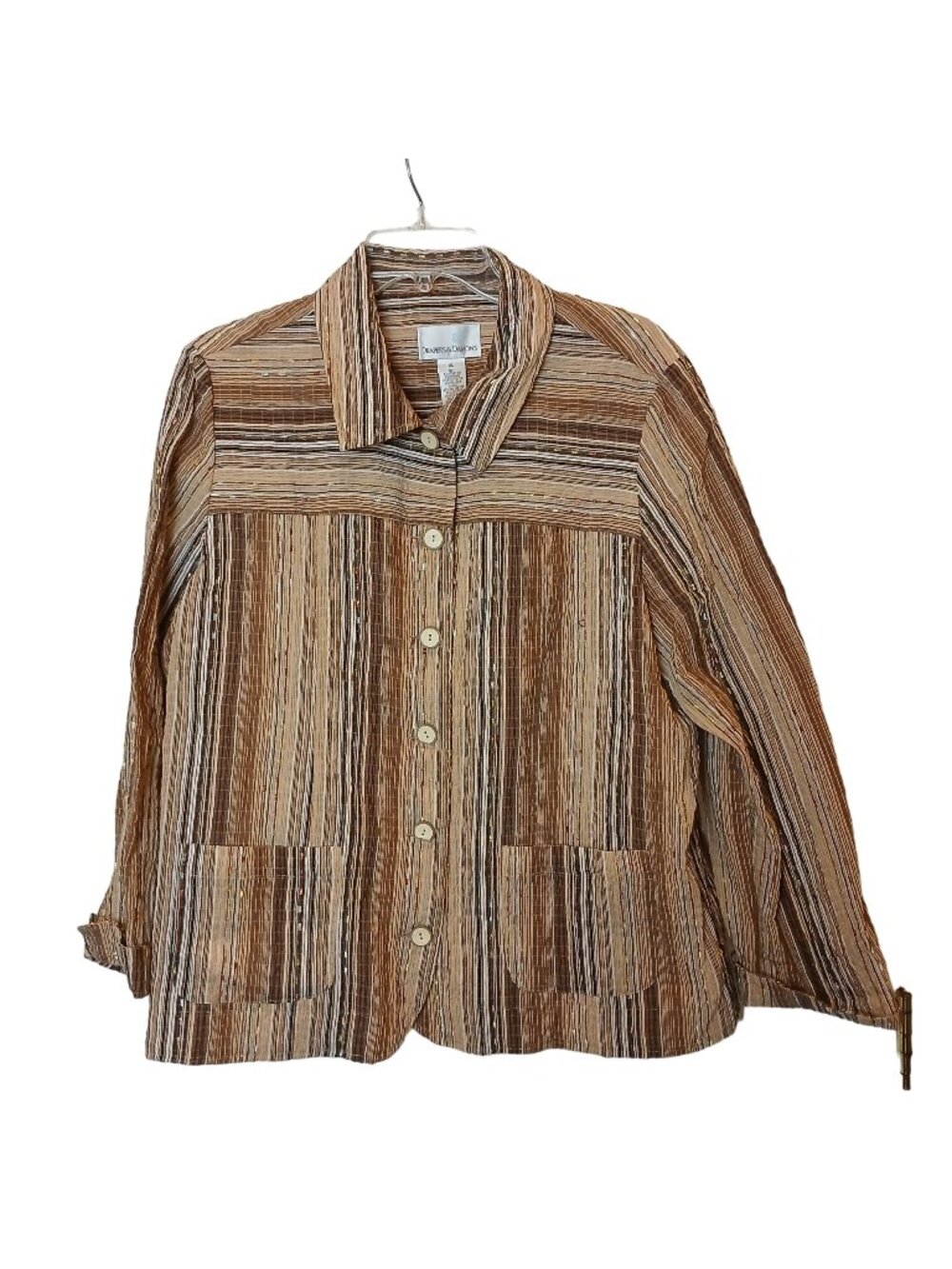 Drapers & Damons Womens XL Shirt Jacket Brown Striped Button Pockets Vintage I-8